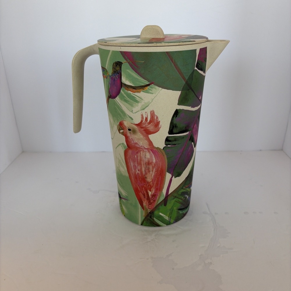 Bamboo Tropical Bird Pitcher Anthropologie style Tropical Summer Tiki Colorful